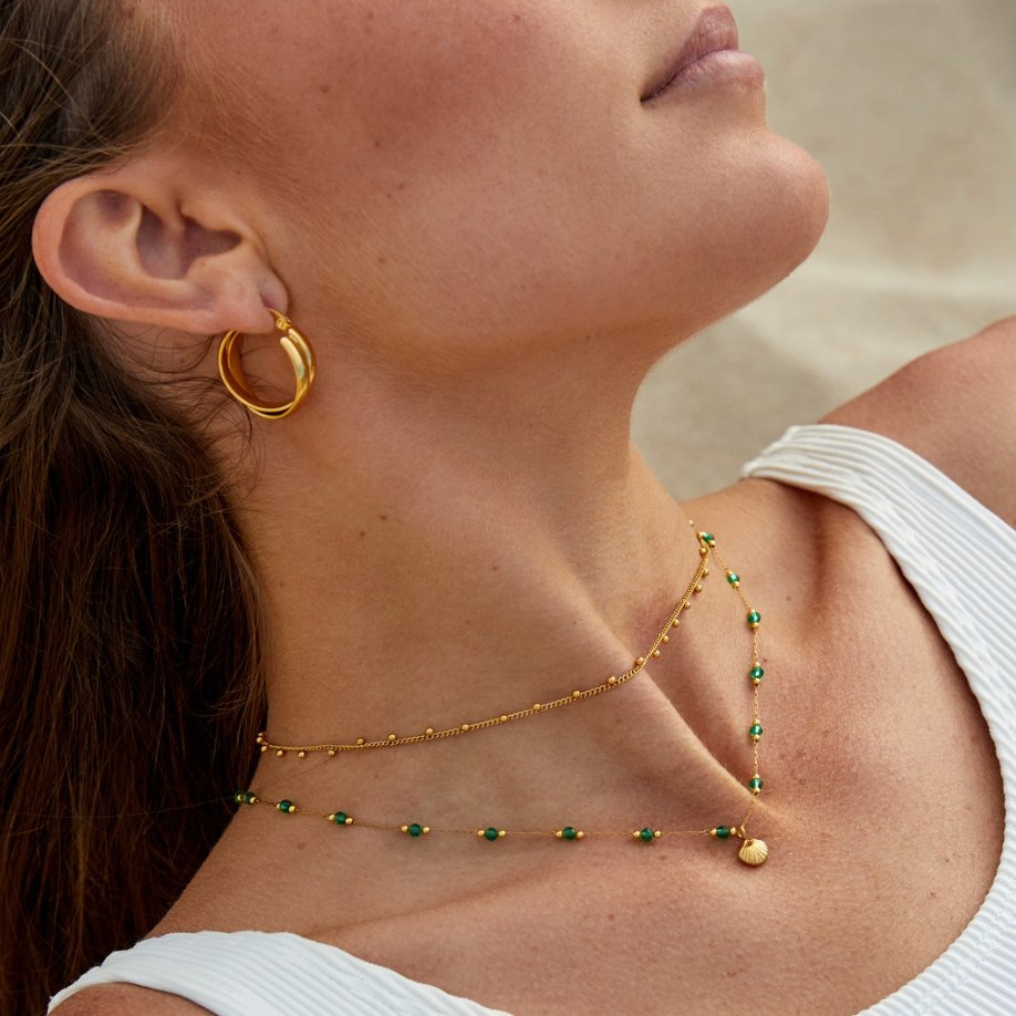 Gold Tone Shell and Green Bead Necklace