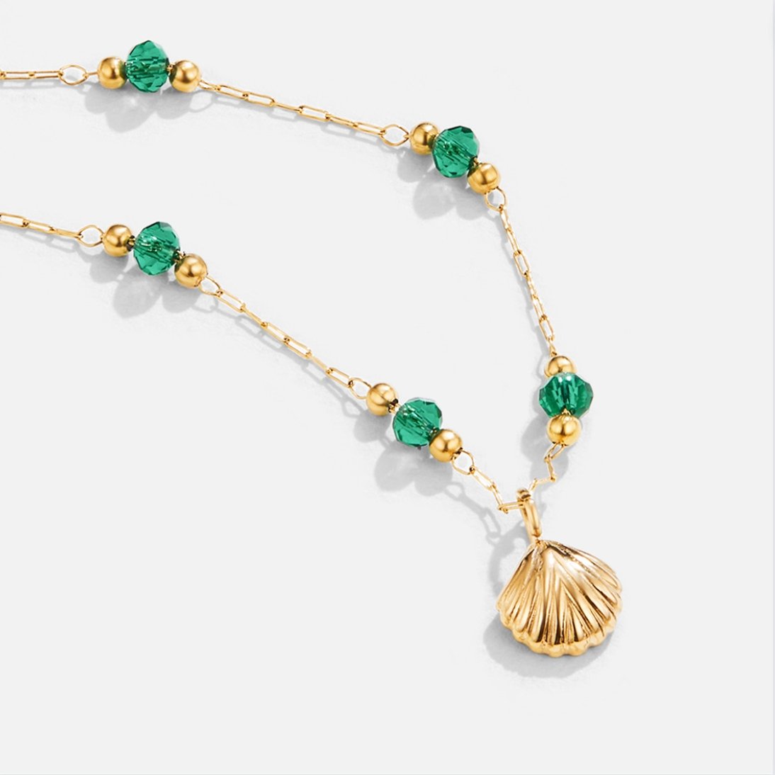 Gold Tone Shell and Green Bead Necklace