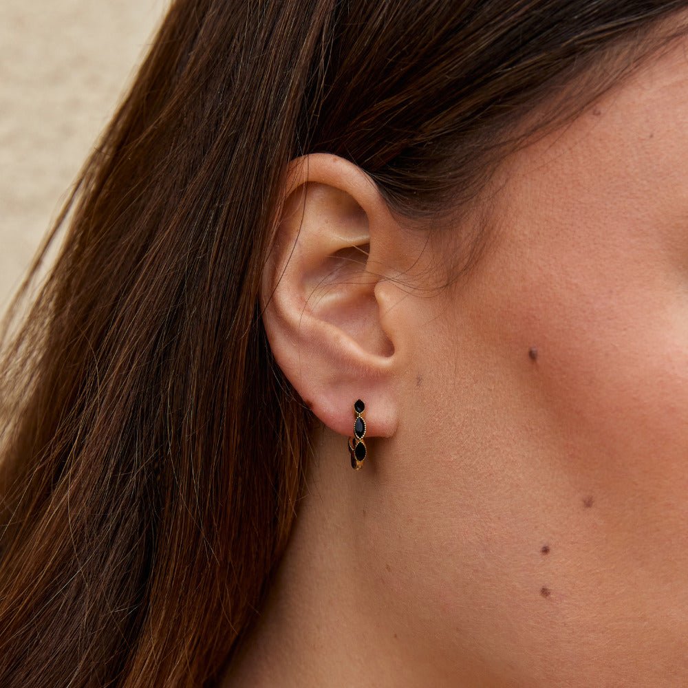Gold Tiny Hoop Earrings with Onyx Stone