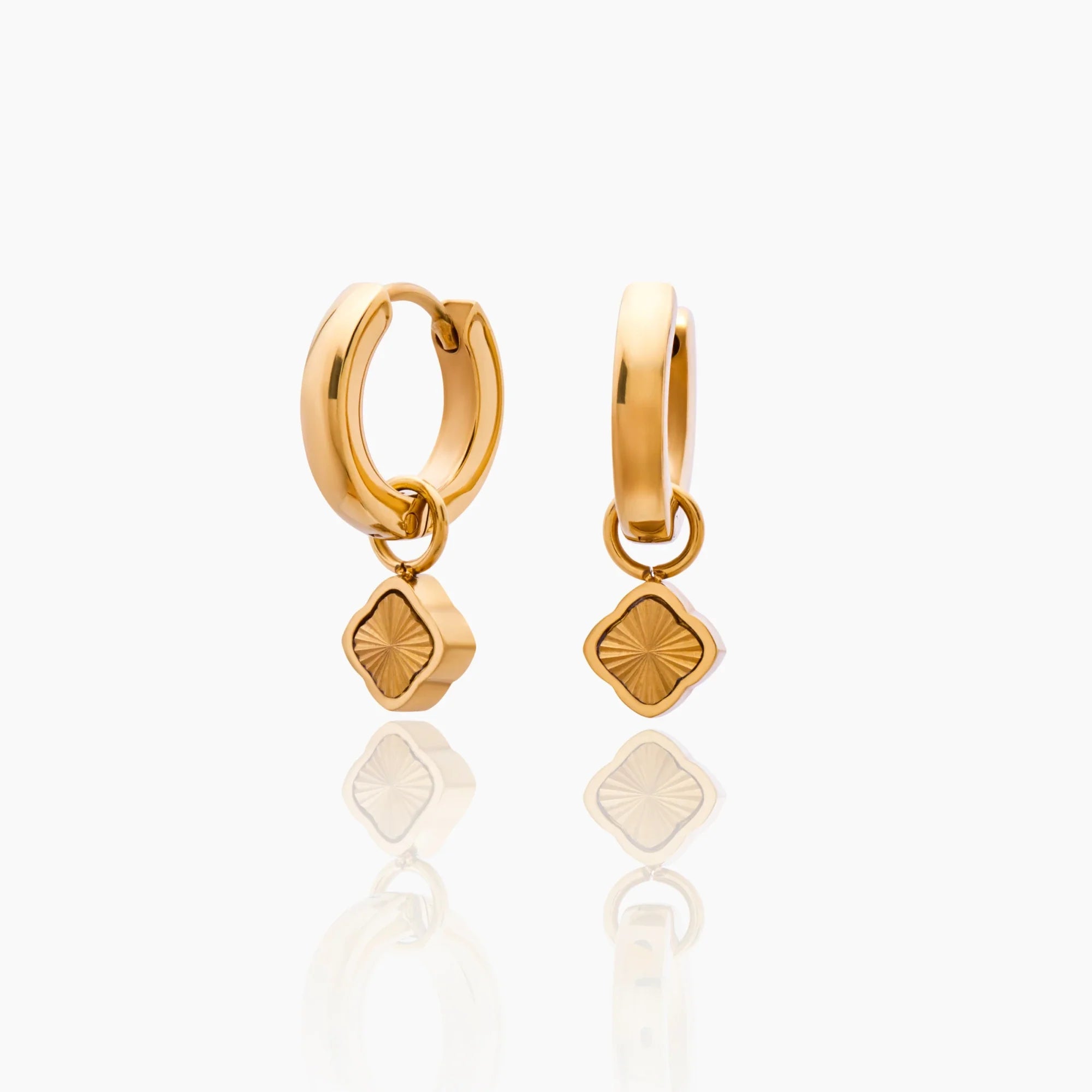 Gold Hoop Earrings with Sunburst Clover Design