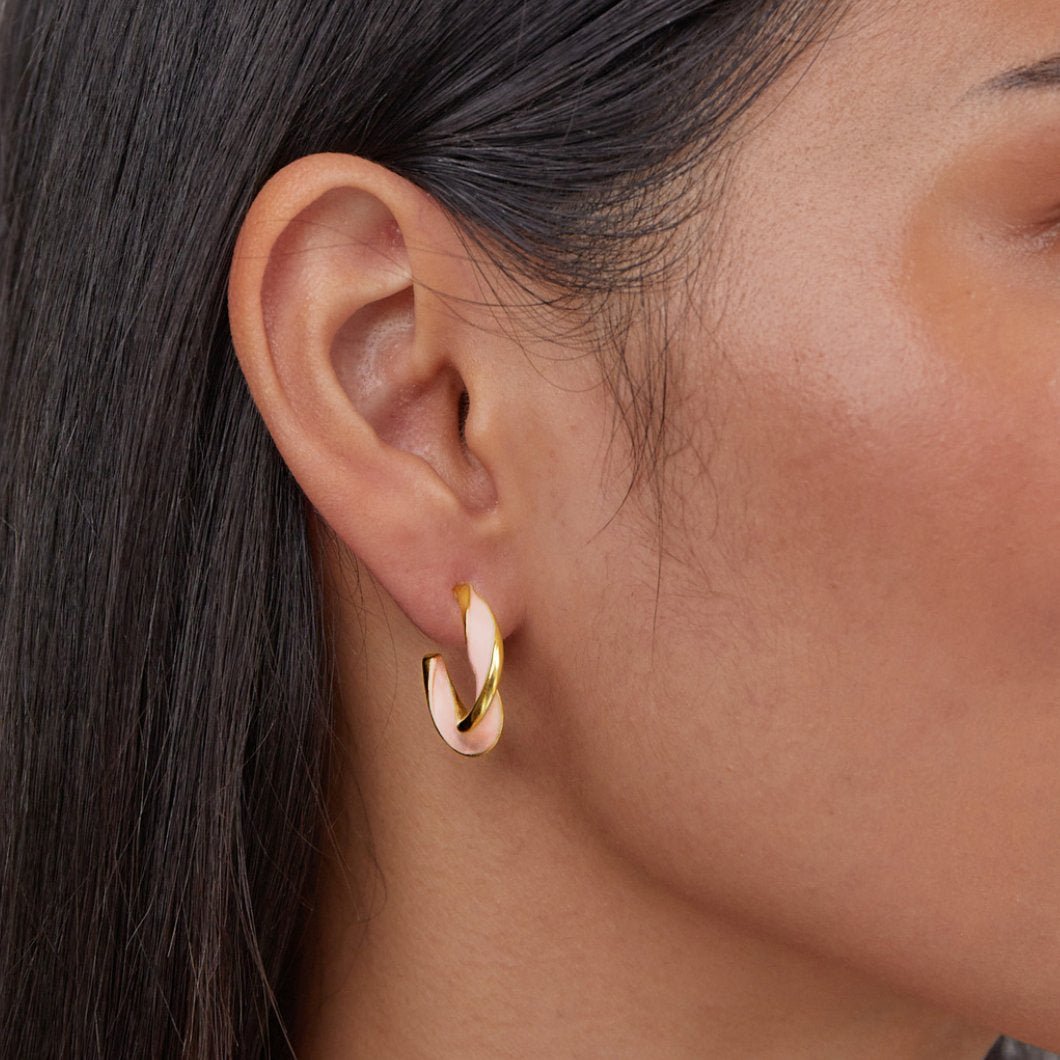 Gold Twist Hoop Earrings with Pink Mother of Pearl