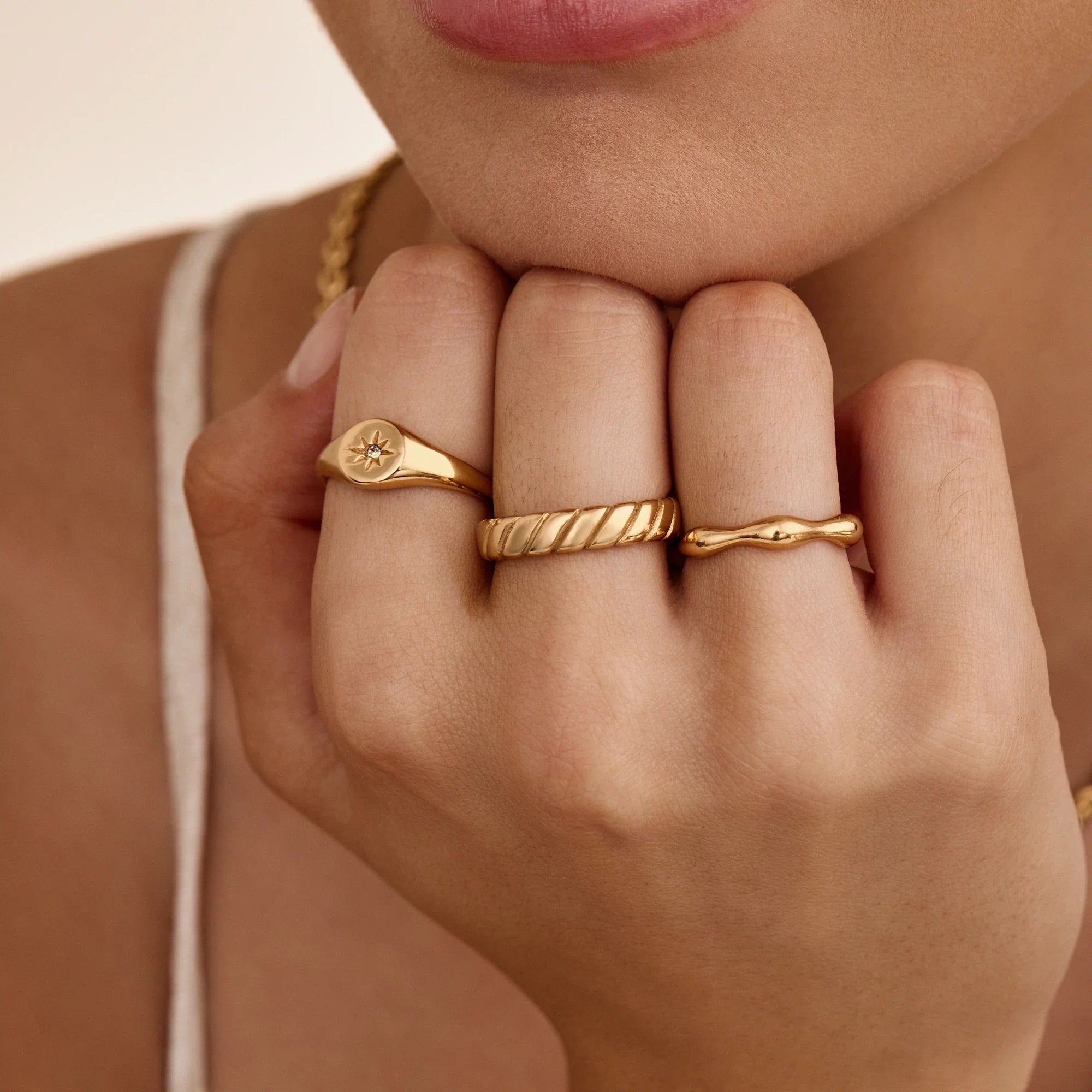 Gold Ripple Ring with Wave Band