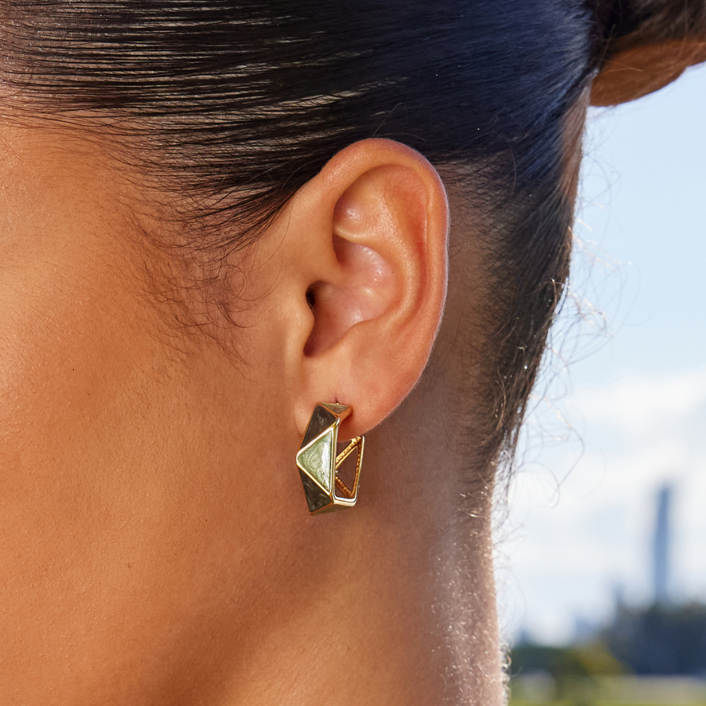 Gold Hoop Earrings with Green Stone Detail