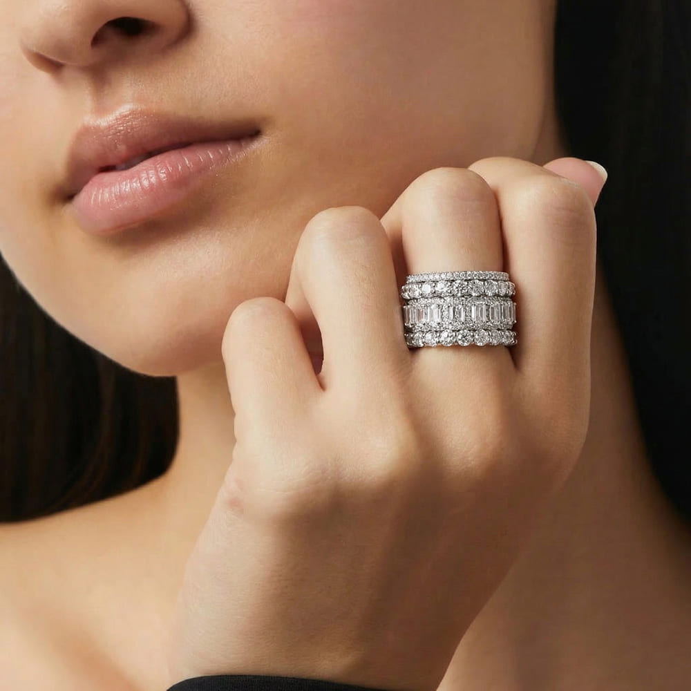 Silver Ring Set with Geometric Ice-Cut Design