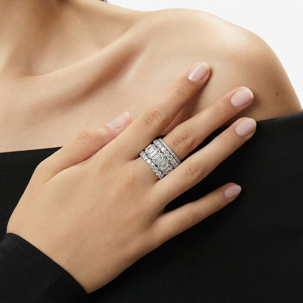 Silver Ring Set with Geometric Ice-Cut Design