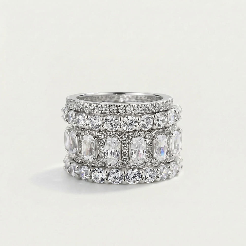 Silver Ring Set with Geometric Ice-Cut Design