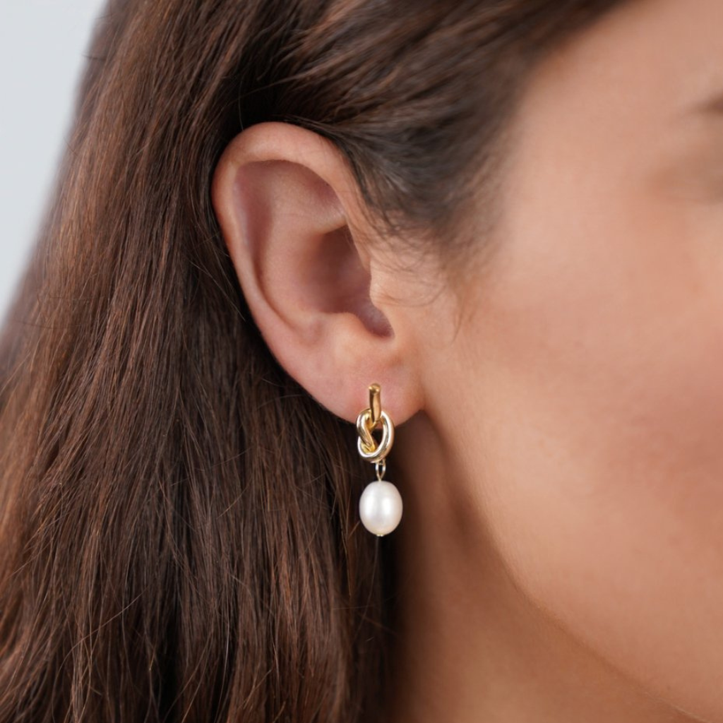Gold Knotted Drop Earrings with Freshwater Pearl