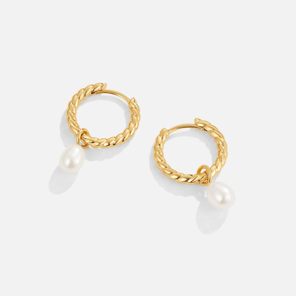 Gold Twist Hoop Earrings with Pearl