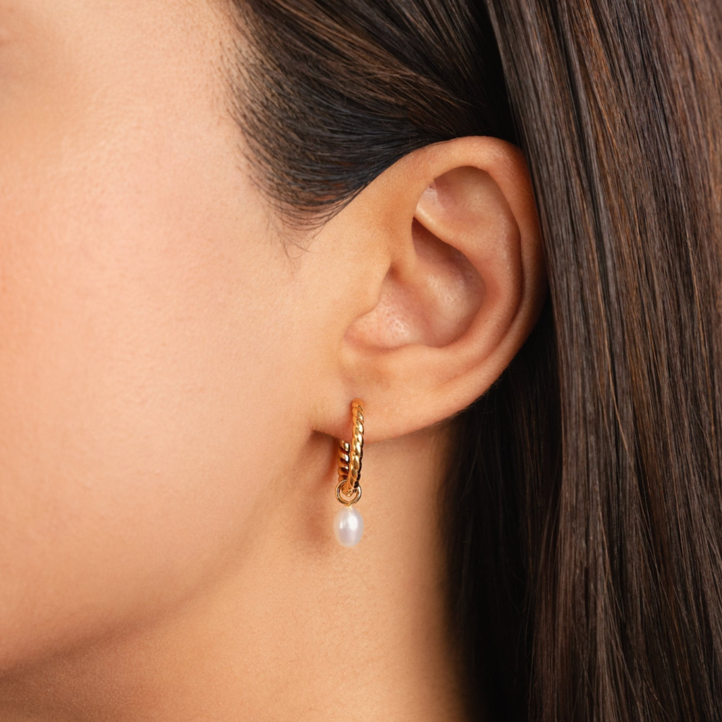 Gold Twist Hoop Earrings with Pearl