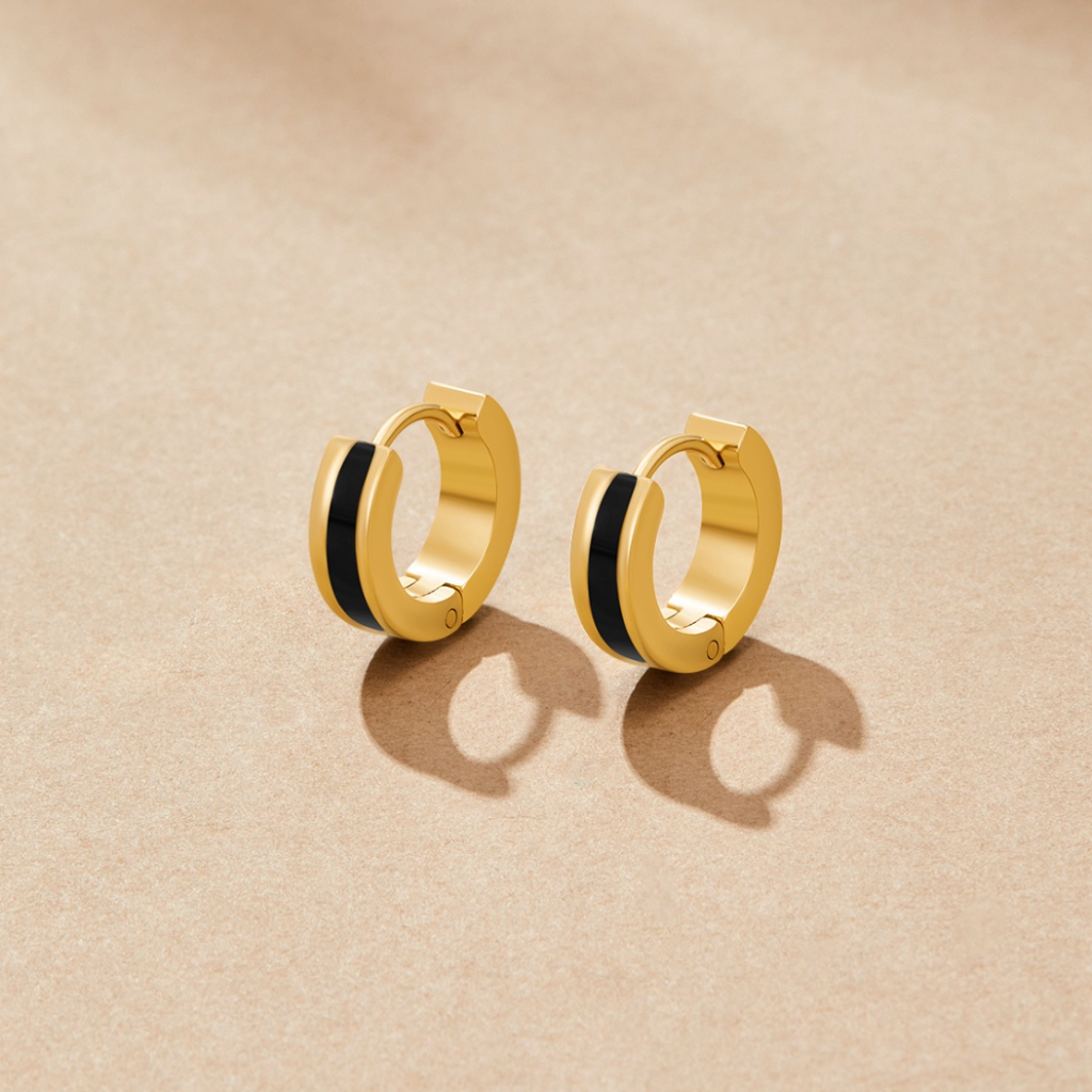 Gold Hoop Earrings with Black Detail