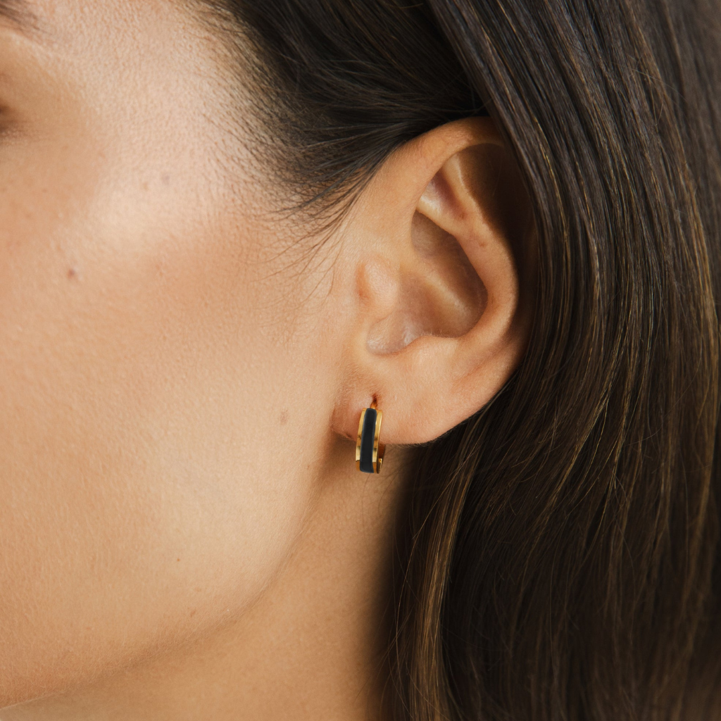 Gold Hoop Earrings with Black Detail