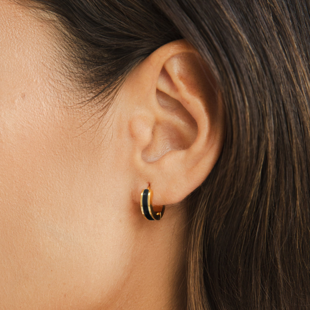 Gold Hoop Earrings with Black Detail