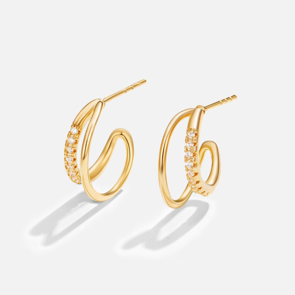 Gold Double Hoop Earrings with Crystal Stone Detail