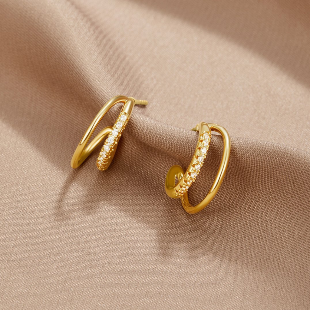 Gold Double Hoop Earrings with Crystal Stone Detail
