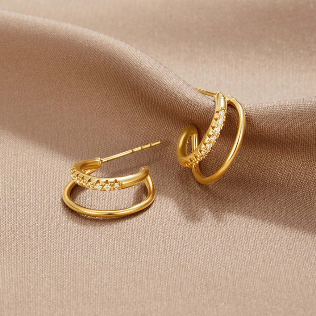 Gold Double Hoop Earrings with Crystal Stone Detail