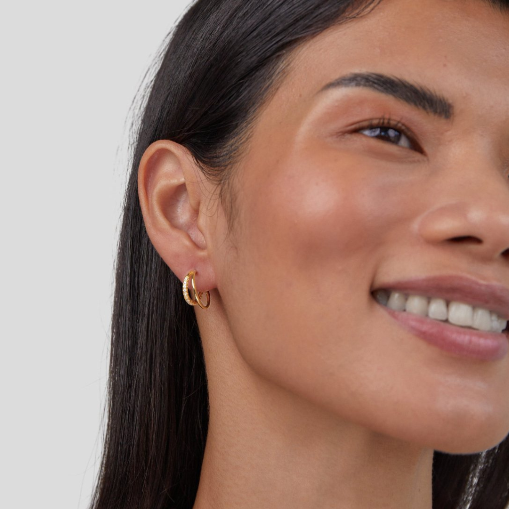 Gold Double Hoop Earrings with Crystal Stone Detail