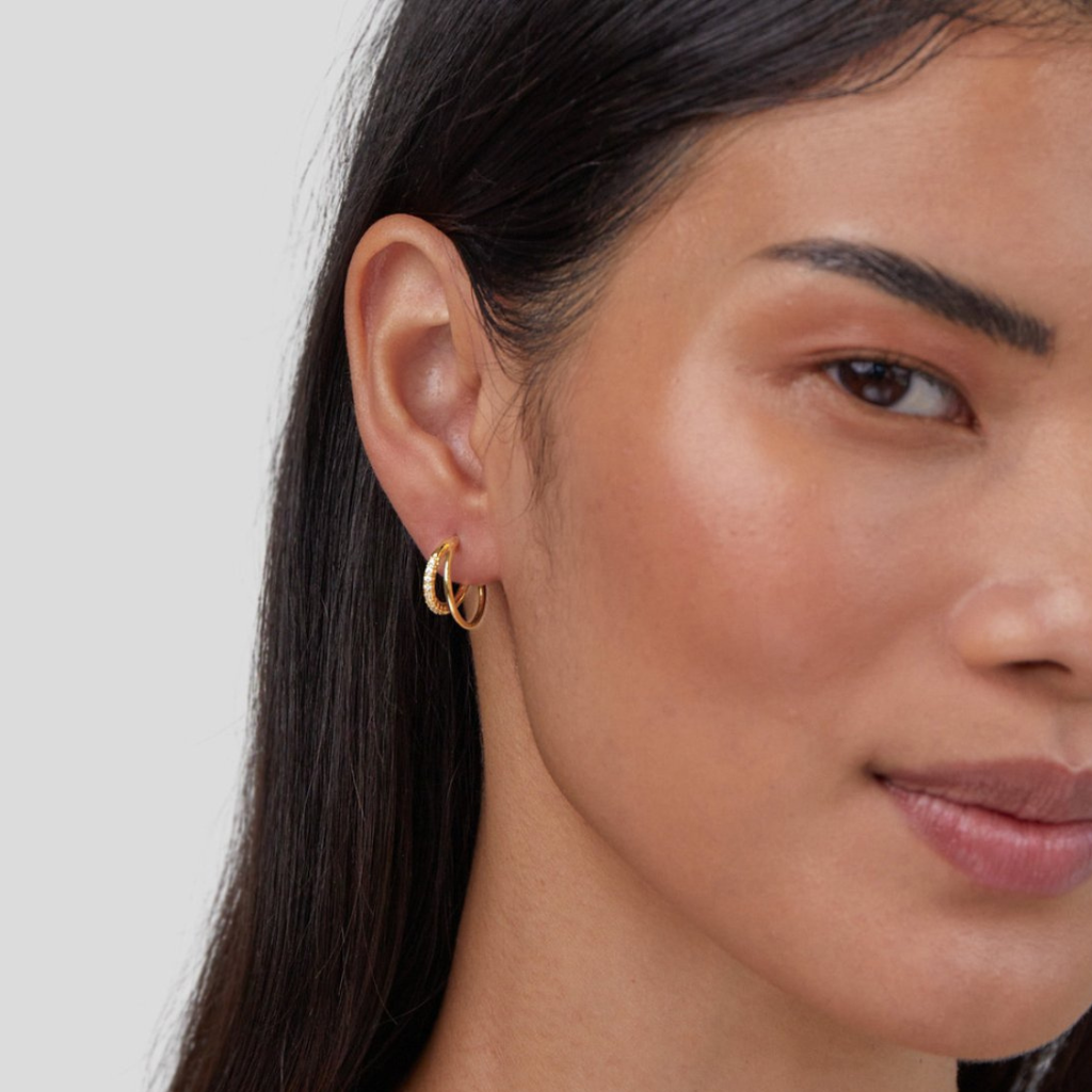 Gold Double Hoop Earrings with Crystal Stone Detail