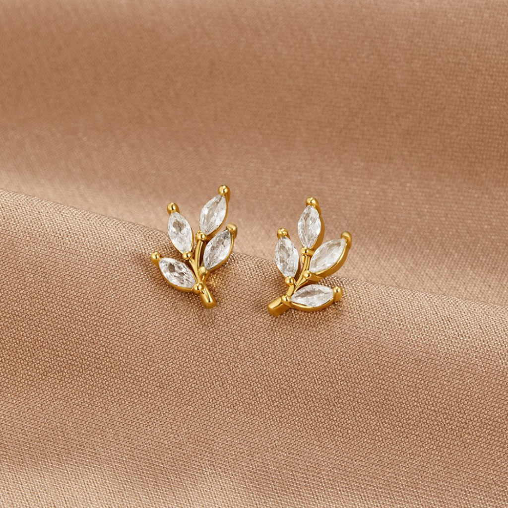 Stud Earrings with Crystal Leaf Design