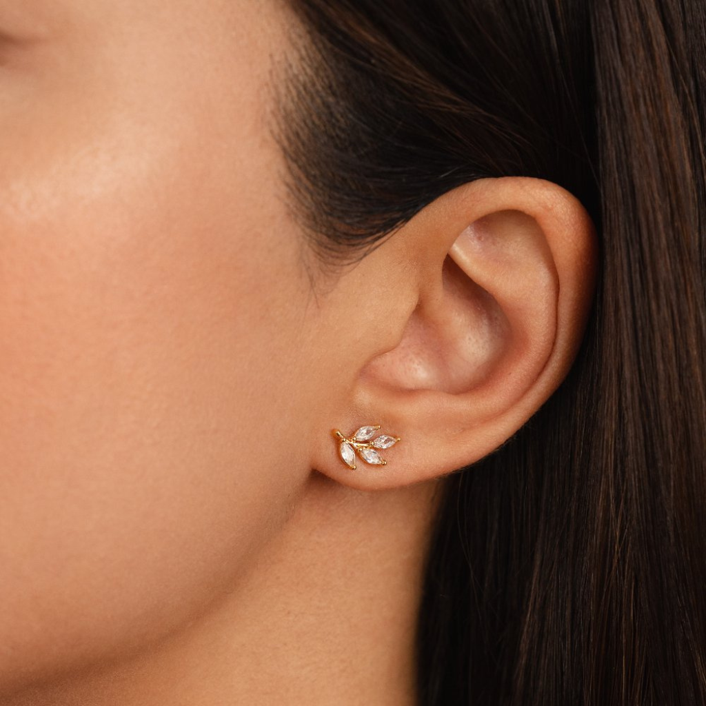 Stud Earrings with Crystal Leaf Design