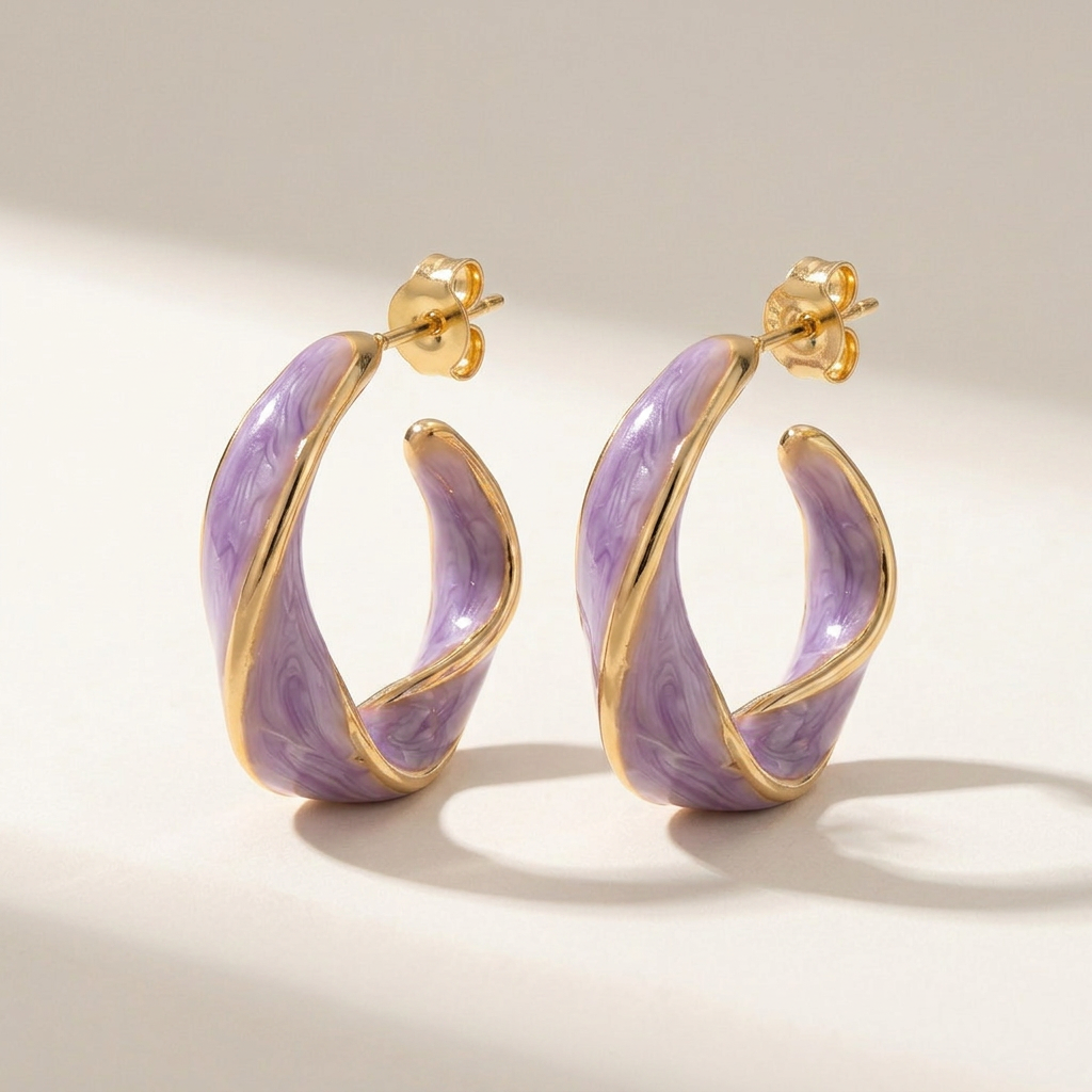 Gold Twist Hoop Earrings with Pink Mother of Pearl