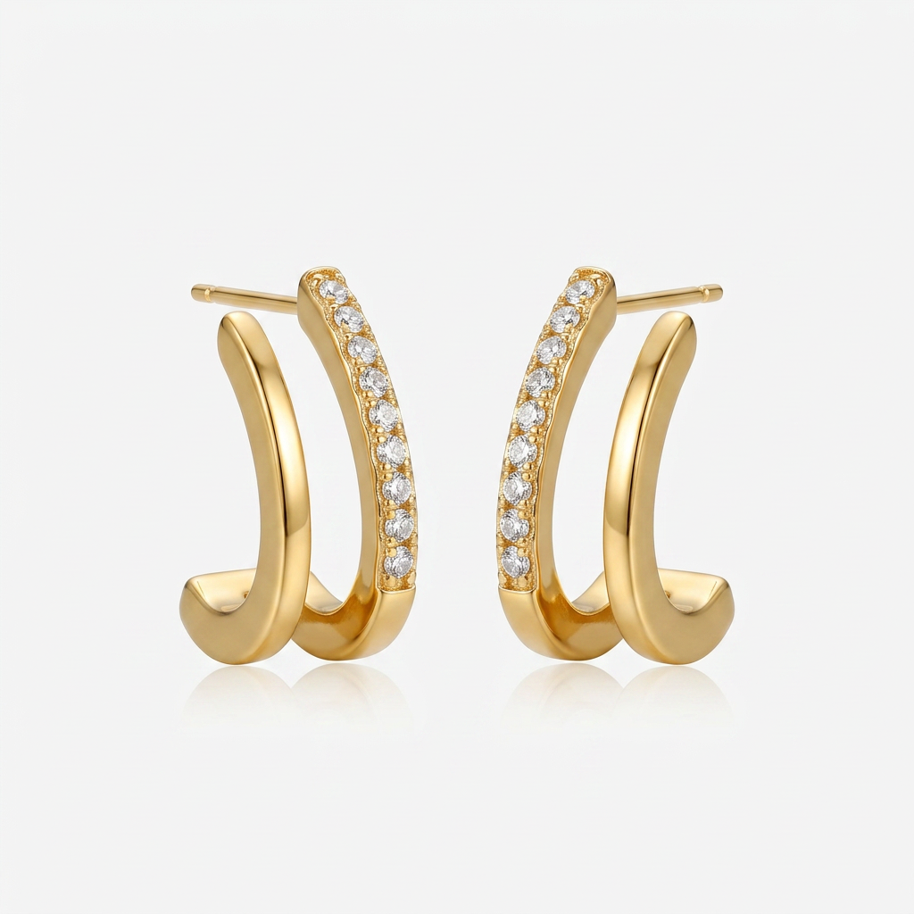 Gold Plated Drop Earrings with Double Curve Crystal Bar