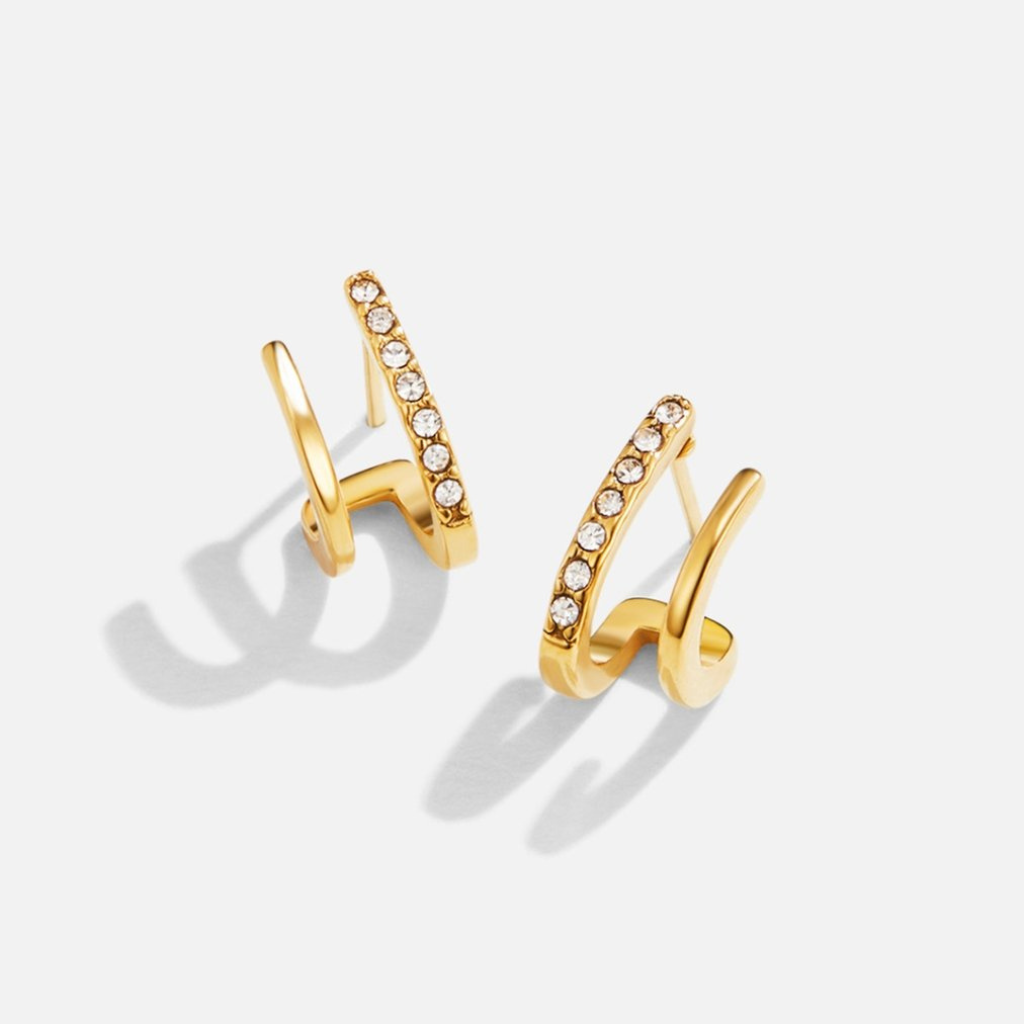 Gold Plated Drop Earrings with Double Curve Crystal Bar