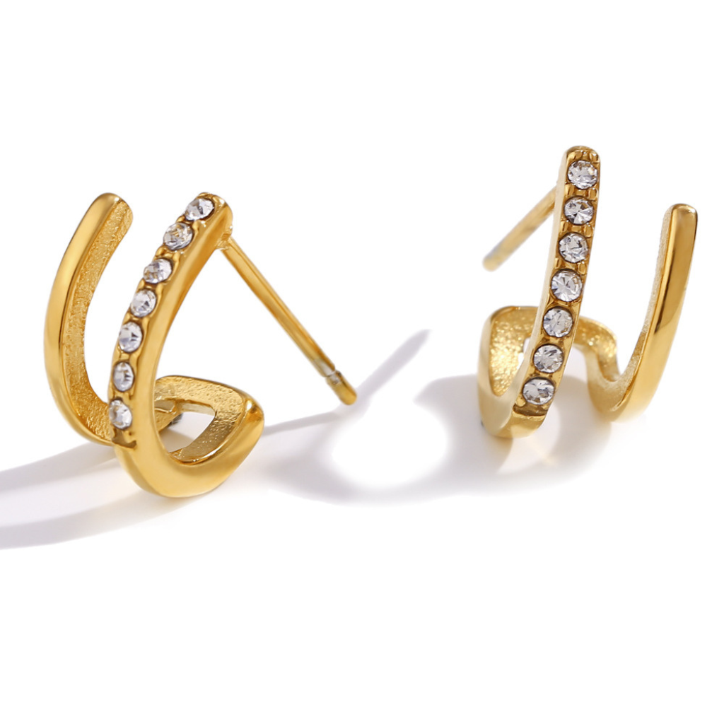 Gold Plated Drop Earrings with Double Curve Crystal Bar