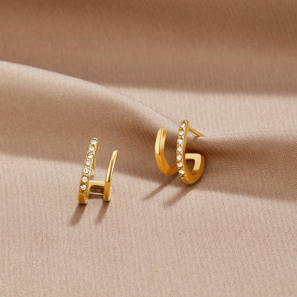 Gold Plated Drop Earrings with Double Curve Crystal Bar