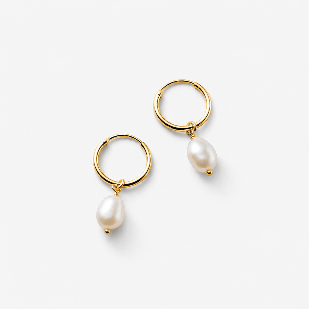 Gold Hoop Earrings with Freshwater Pearl Drop