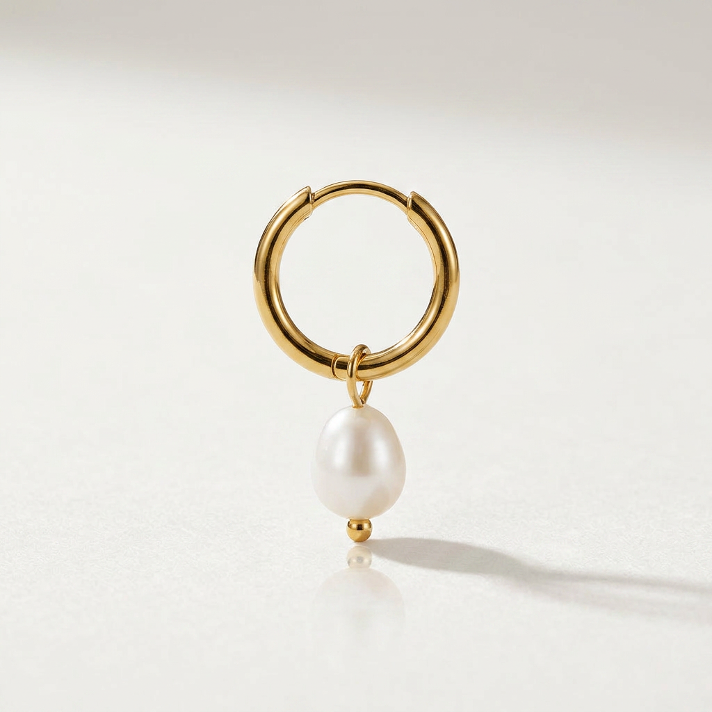 Gold Hoop Earrings with Freshwater Pearl Drop