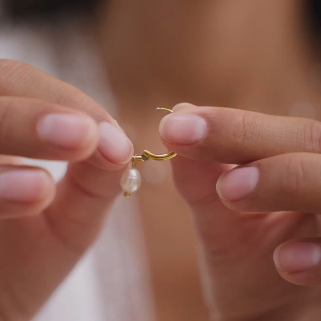 Gold Hoop Earrings with Freshwater Pearl Drop