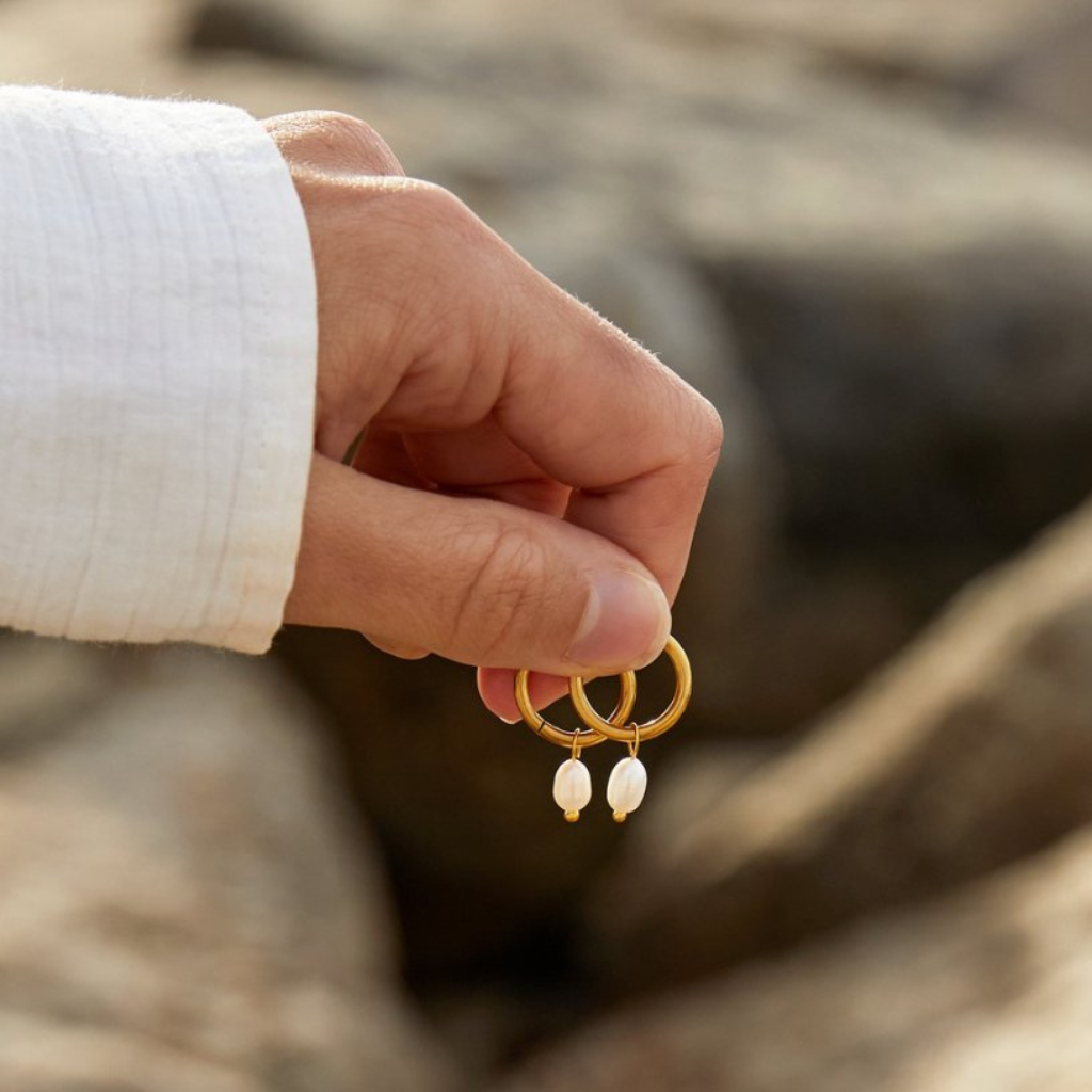 Gold Hoop Earrings with Freshwater Pearl Drop