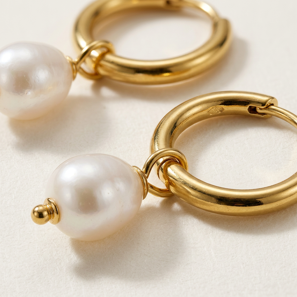 Gold Hoop Earrings with Freshwater Pearl Drop