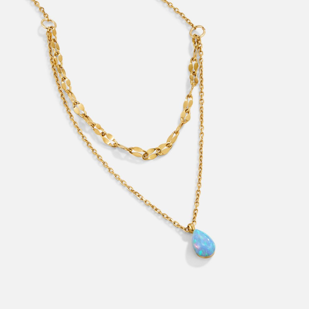 Gold Plated Layered Necklace with Blue Opal Teardrop