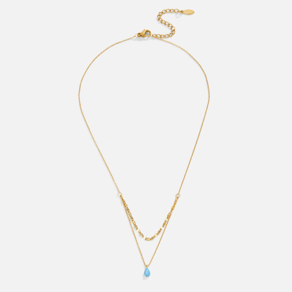 Gold Plated Layered Necklace with Blue Opal Teardrop