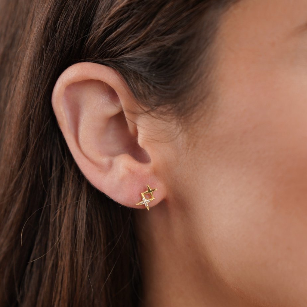 Gold Stud Earrings with Geometric Star Design