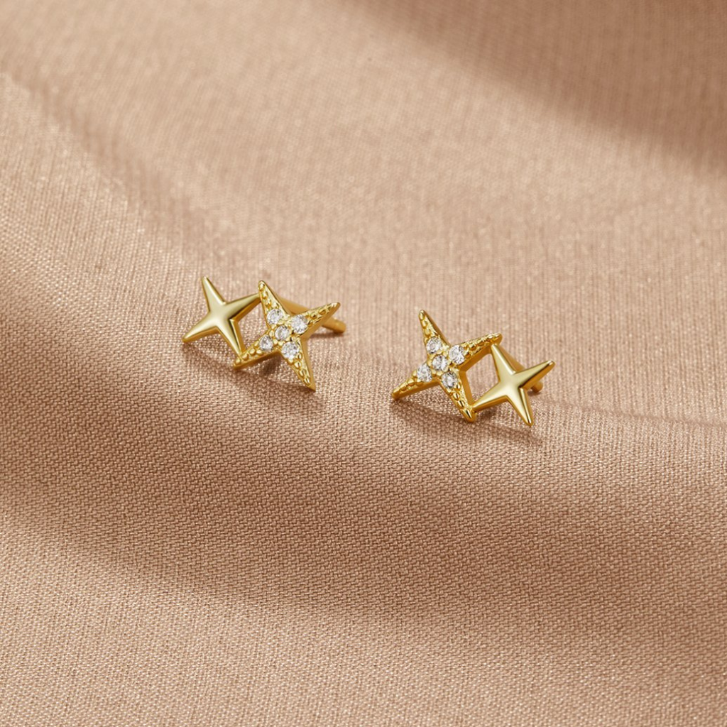 Gold Stud Earrings with Geometric Star Design