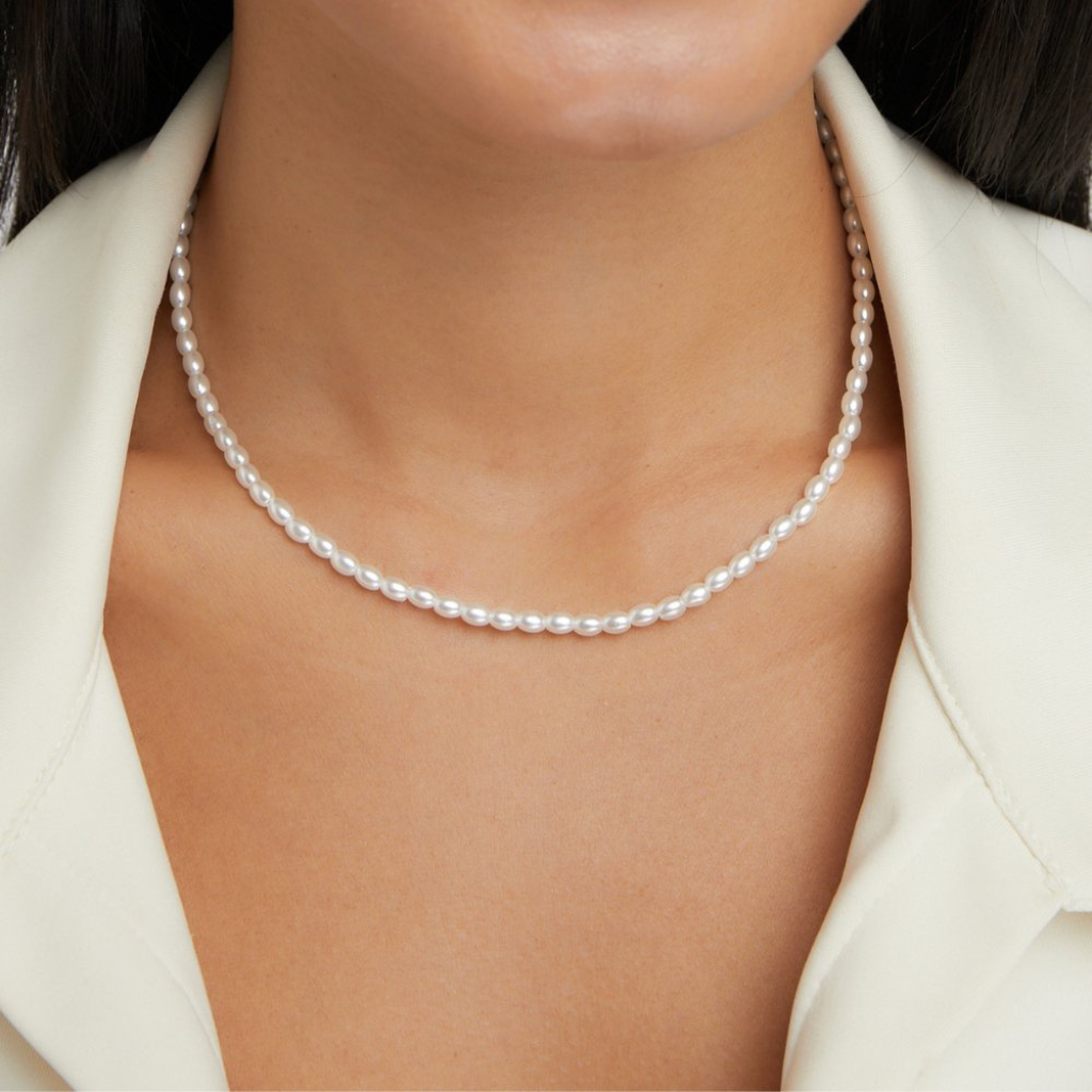 Gold Plated Pearl Necklace with Oval Beads