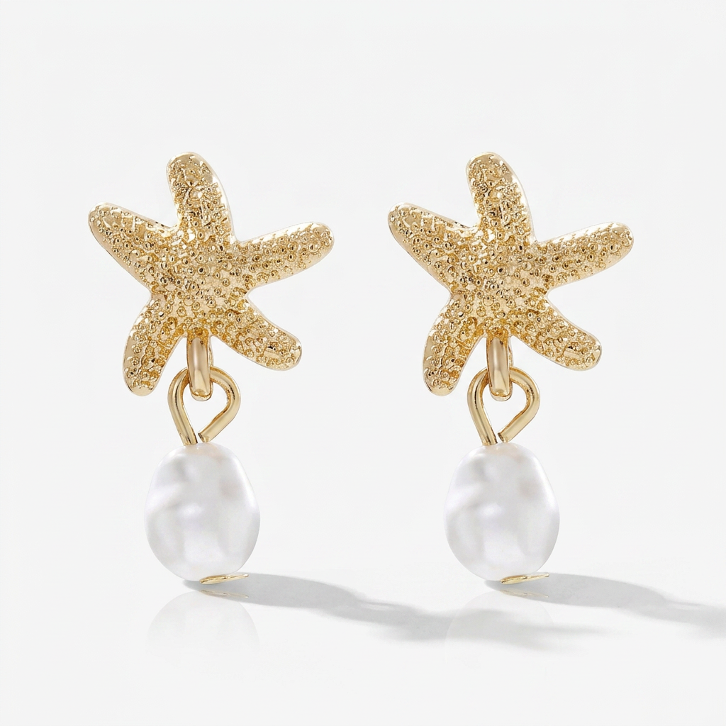 Shell and Starfish Drop Earrings with Freshwater Pearl