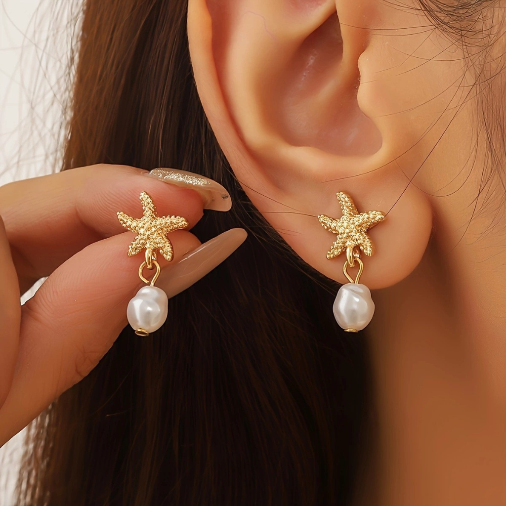 Shell and Starfish Drop Earrings with Freshwater Pearl