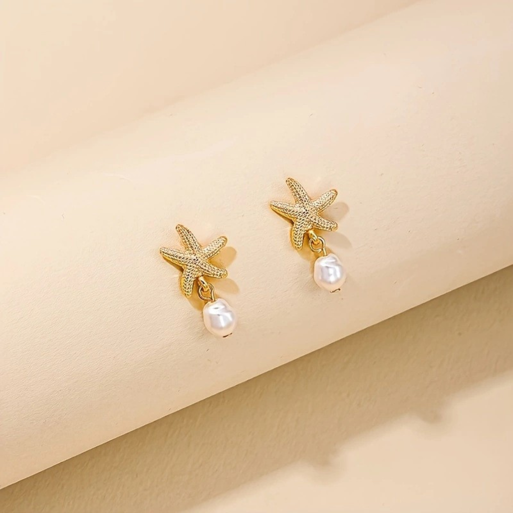 Shell and Starfish Drop Earrings with Freshwater Pearl