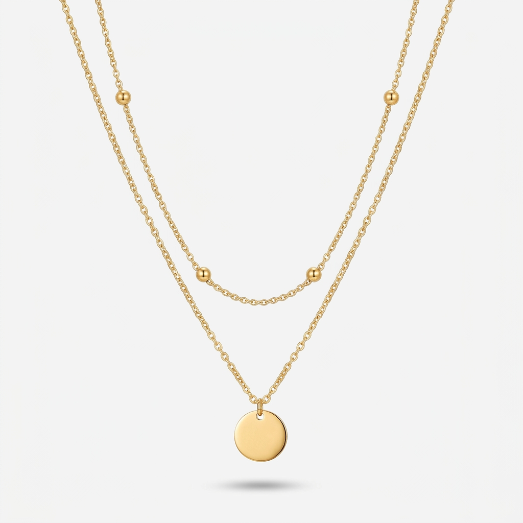 Layered Necklace with Disc Pendant and Beaded Chain