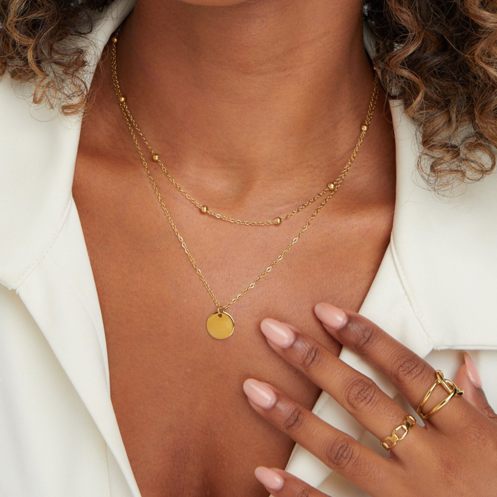 Layered Necklace with Disc Pendant and Beaded Chain