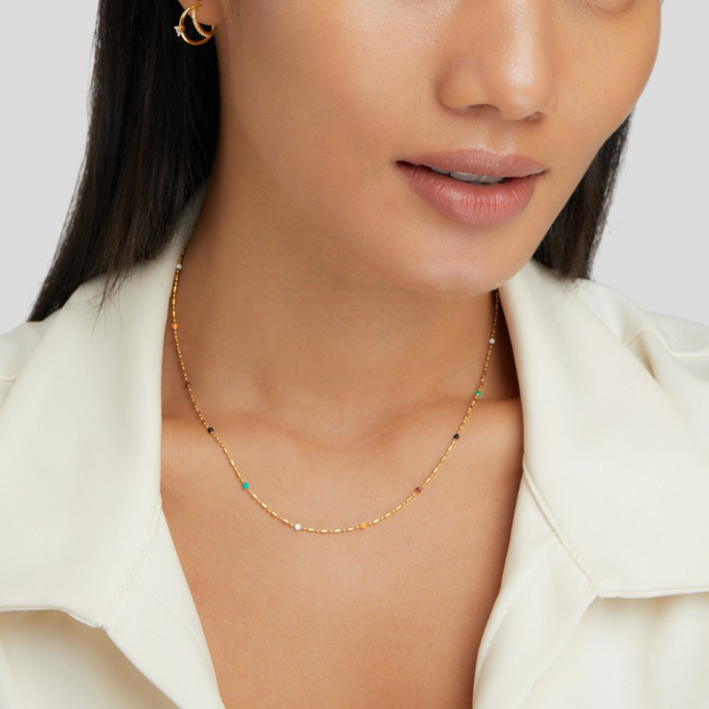 Gold-tone Multi-Colored Statement Necklace with Beaded Chain Design