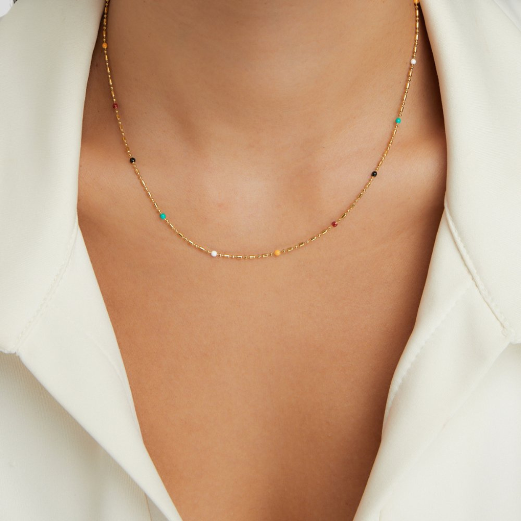 Gold-tone Multi-Colored Statement Necklace with Beaded Chain Design