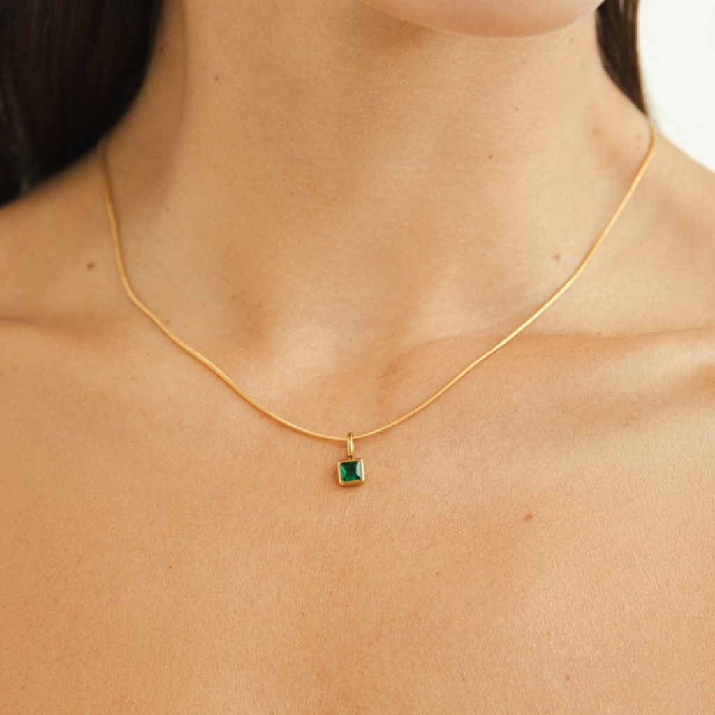 Gold Tone Square Pendant Birthstone Necklace