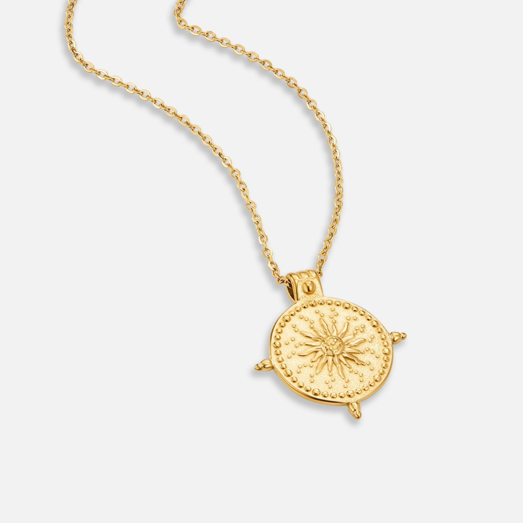 Gold Tone Layered Sun Pendant Necklace with Chain Detail