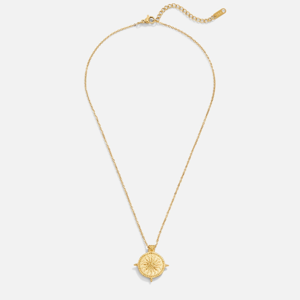 Gold Tone Layered Sun Pendant Necklace with Chain Detail