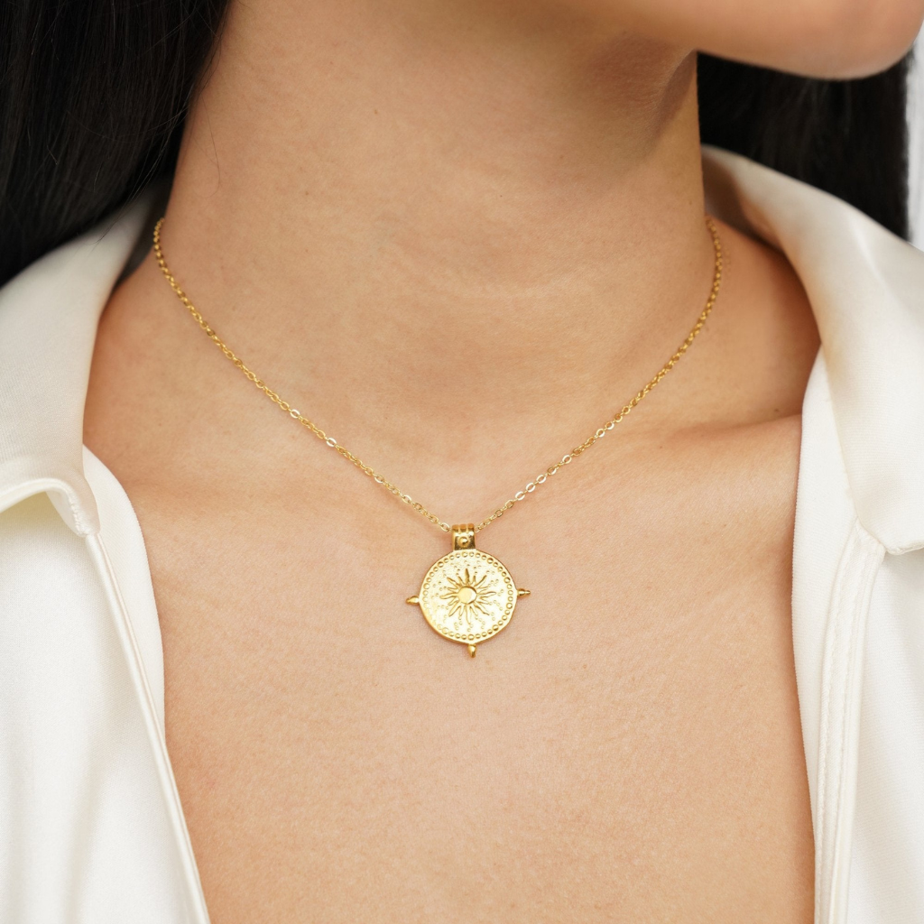 Gold Tone Layered Sun Pendant Necklace with Chain Detail