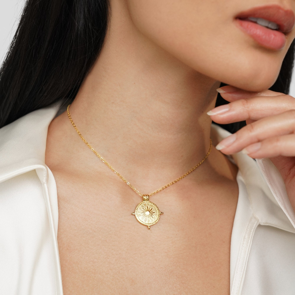Gold Tone Layered Sun Pendant Necklace with Chain Detail
